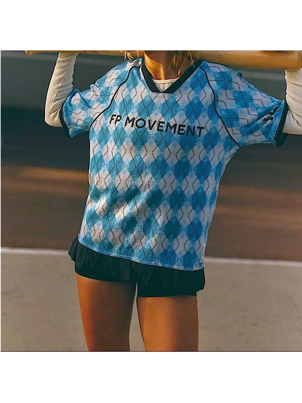 Free People Movement Baseline Printed Tee Logo Small  Argyle Light Blue Combo